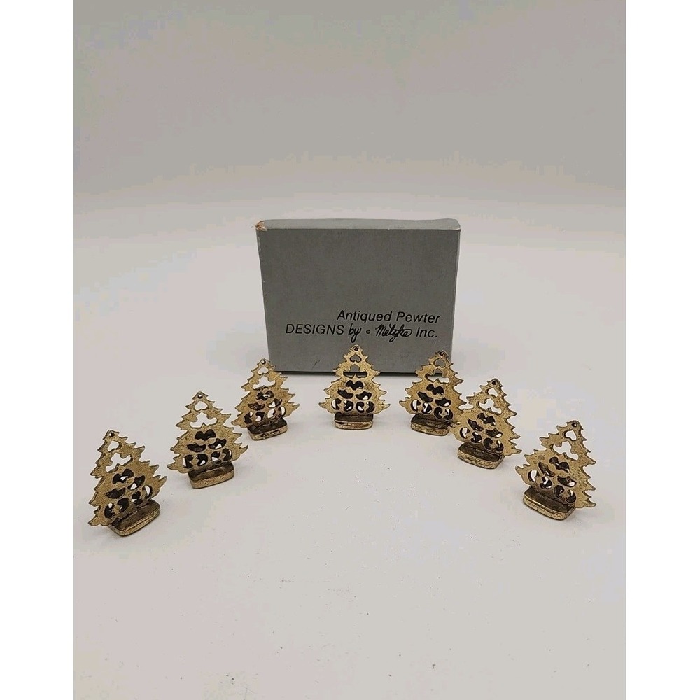 Set of 7 Vintage Metzke Pewter Miniature X-Mas Tree Place Card Holders Orig Box